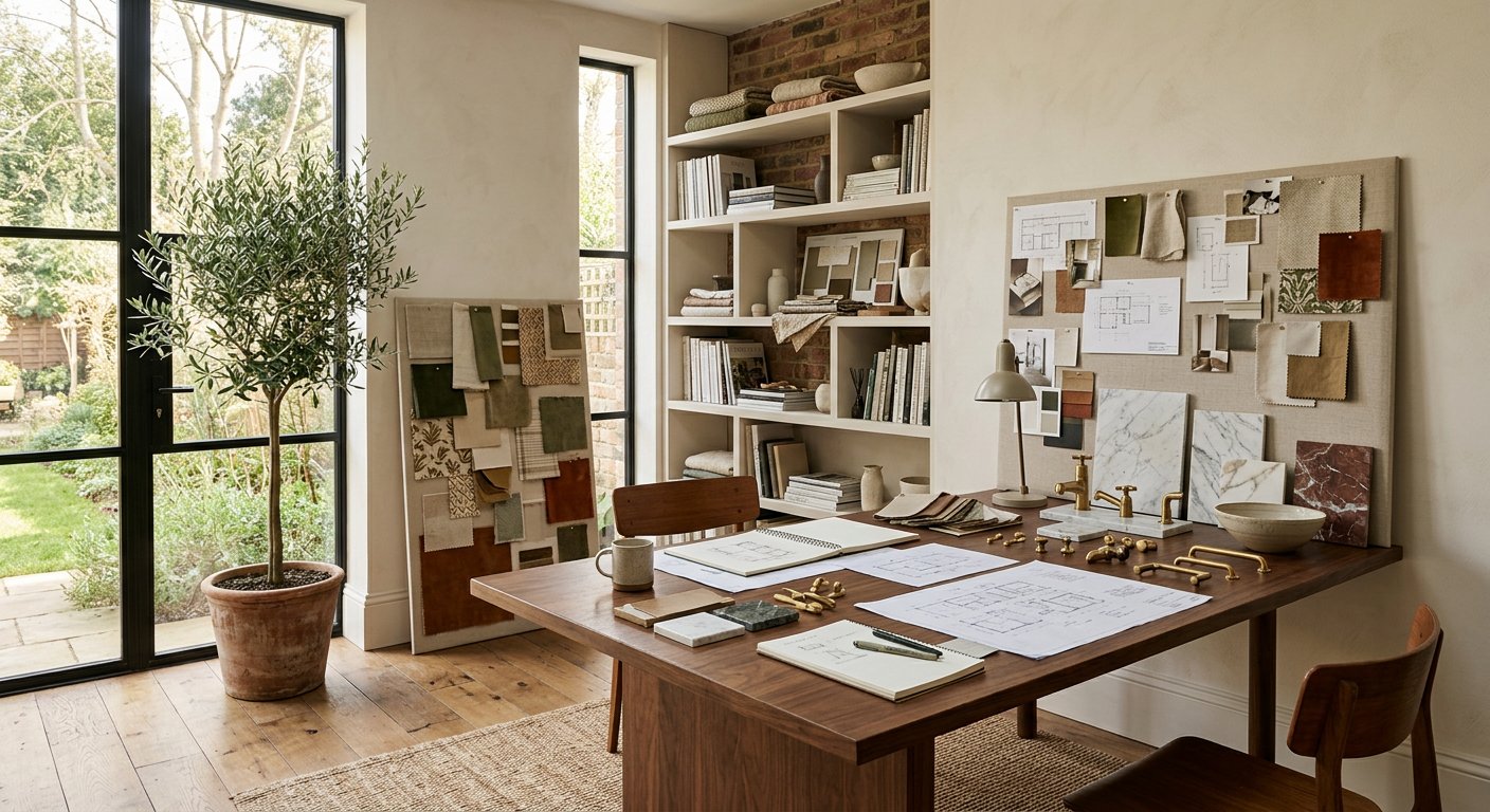 Custom House Renew design studio with material samples